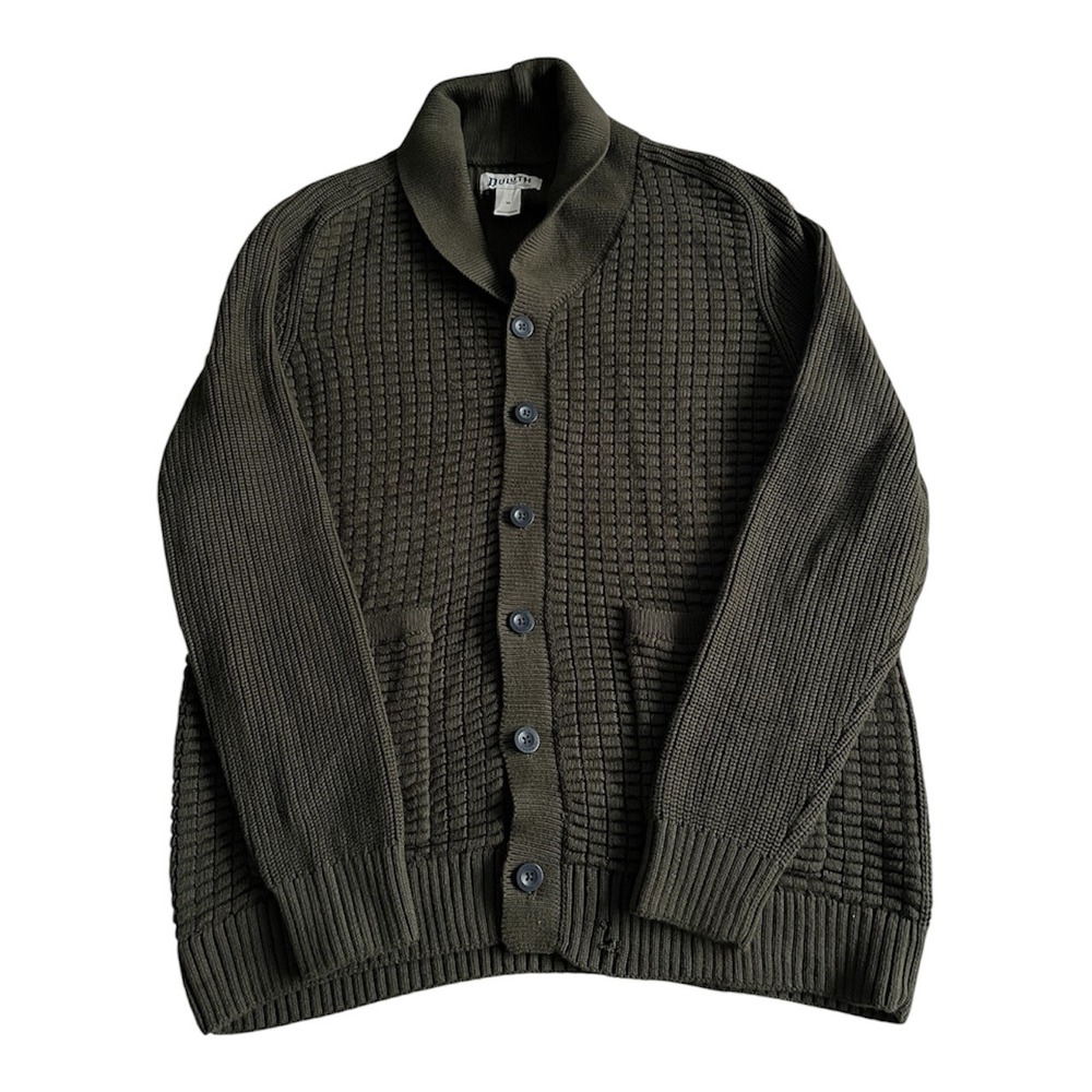 Duluth Trading Burly Cardigan Sweater Mens Medium Green Cotton Shawl Collar Knit